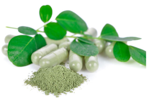 Moringa leaves and powdered capsules width=